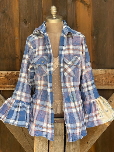 Flared Sleeve Flannel-CORNFLOWER Size Medium